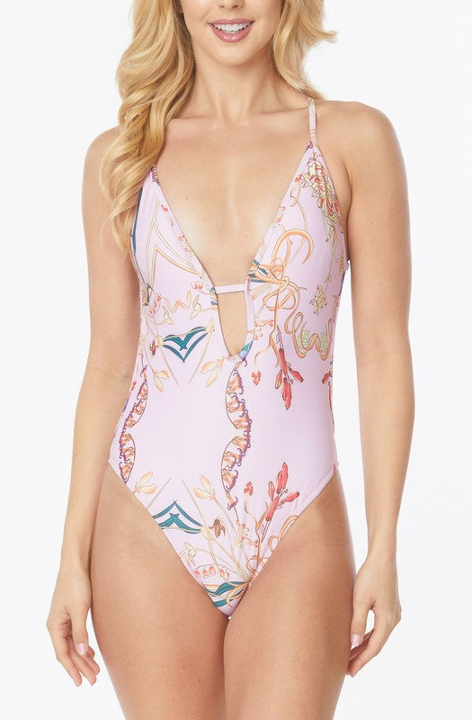 ONE PIECE BATHING SUIT FLORAL PRINT DEEP CUT FRONT