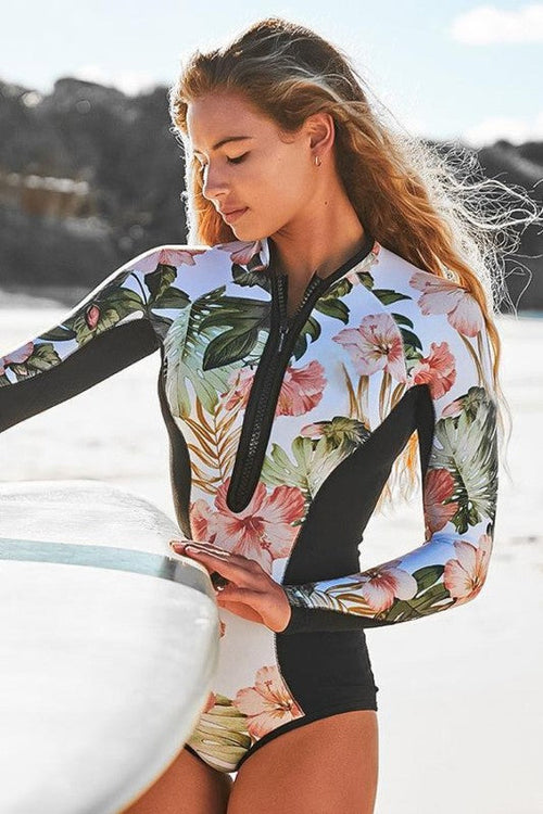 Palm Leaf Print Long Sleeve Zip UPF50 Rash Guard