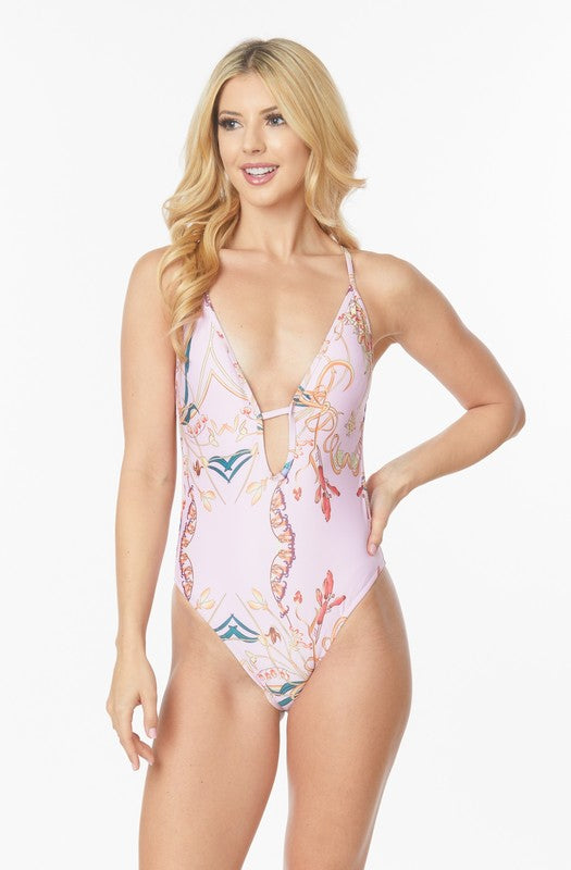 ONE PIECE BATHING SUIT FLORAL PRINT DEEP CUT FRONT