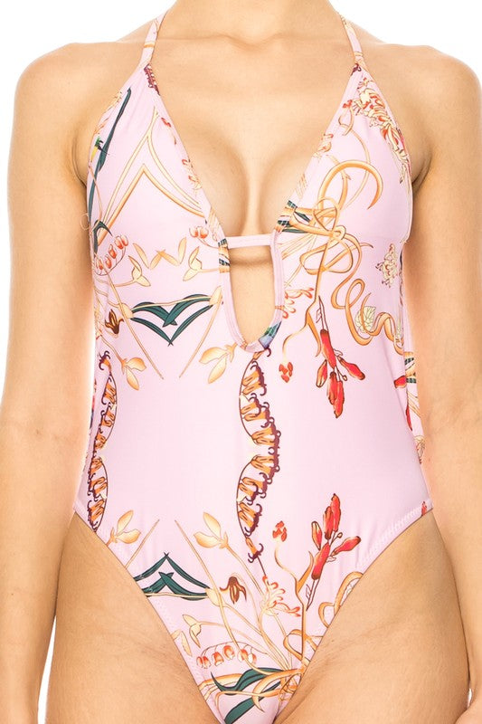 ONE PIECE BATHING SUIT FLORAL PRINT DEEP CUT FRONT
