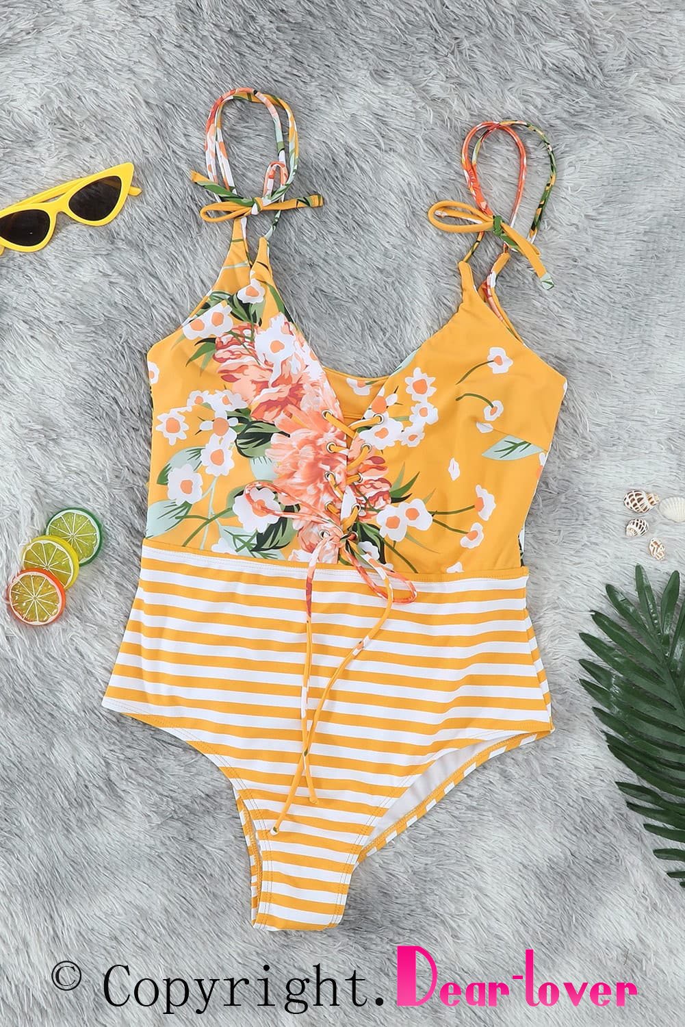 Floral and Striped Lace-up One-piece Swimwear
