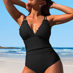 Scalloped V Neck Cut Out Monokini Swimwear