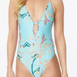 ONE PIECE BATHING SUIT FLORAL PRINT DEEP CUT FRONT