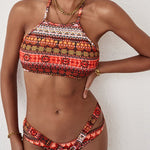 Fiery Red Tribal Print Halter Neck Cut-out Boho Swimwear