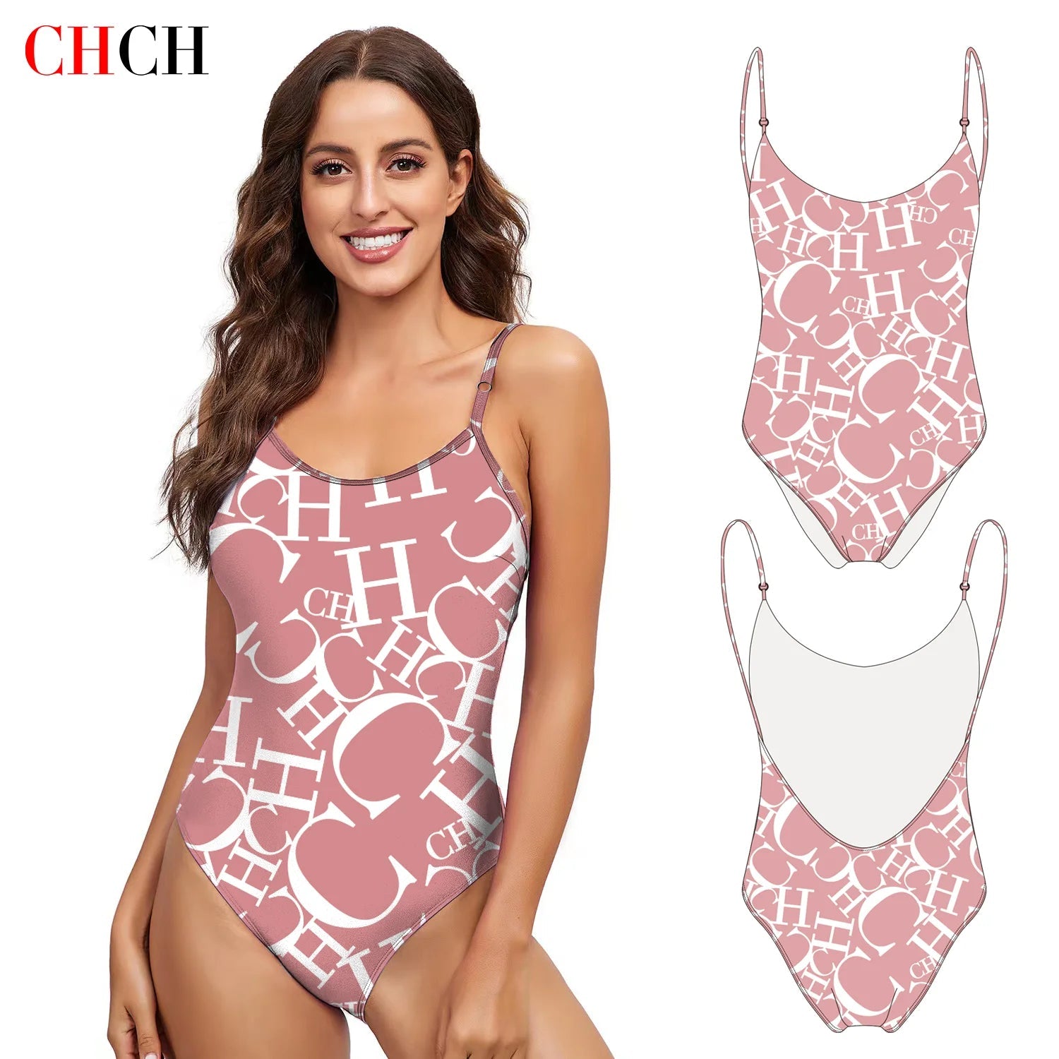 Women's Swimwear CH Letter Pink Triangle One-piece Swimsuit
