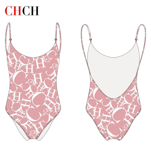 Women's Swimwear CH Letter Pink Triangle One-piece Swimsuit