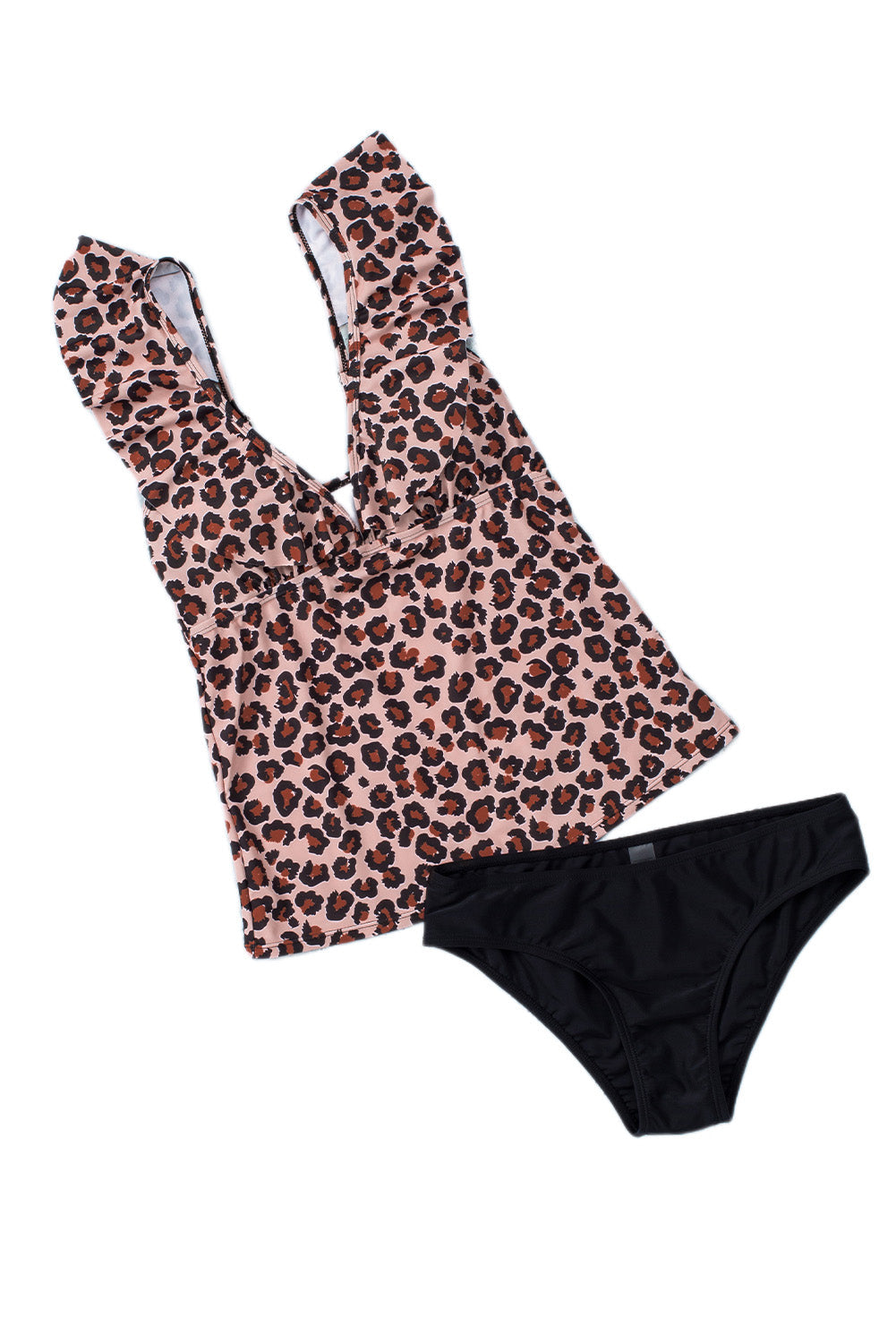 Ruffled Leopard Tankini Top and Solid Color Panty Swimwear