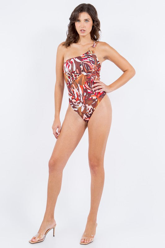 ONE PIECE BATHING SUIT FLORAL PRINT SINGLE SHOULDE