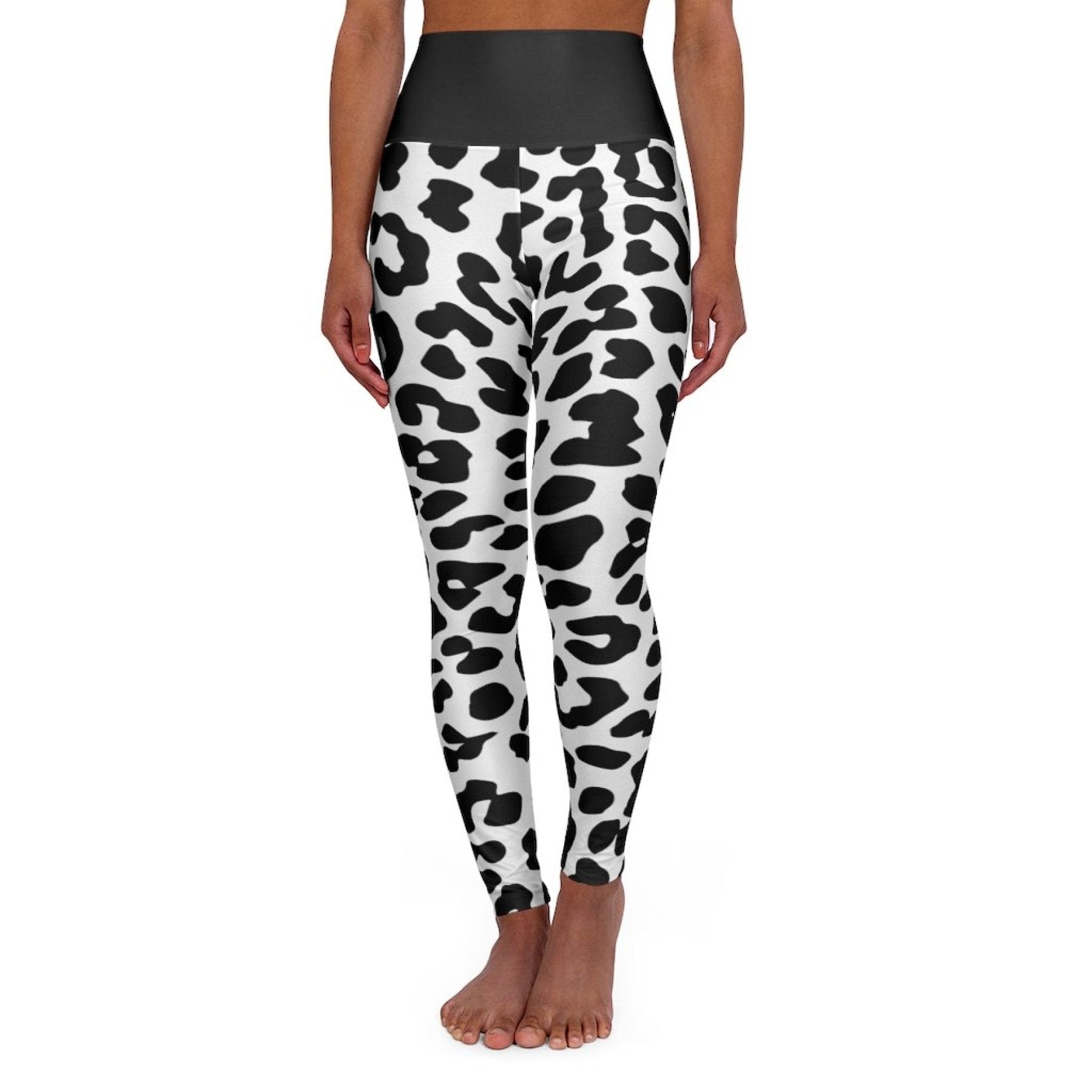 High Waisted Yoga Leggings - Black and White Two-tone Leopard Style