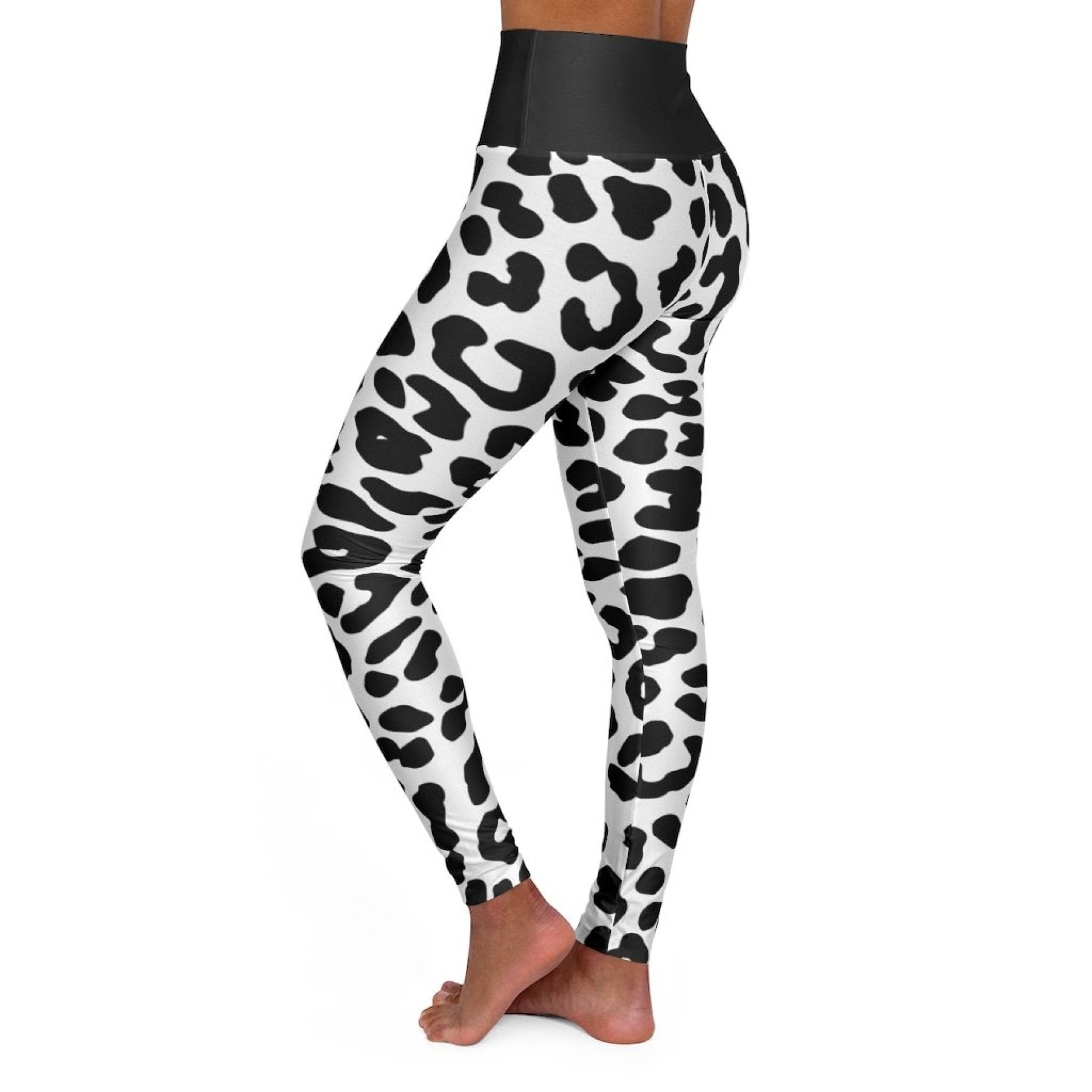High Waisted Yoga Leggings - Black and White Two-tone Leopard Style