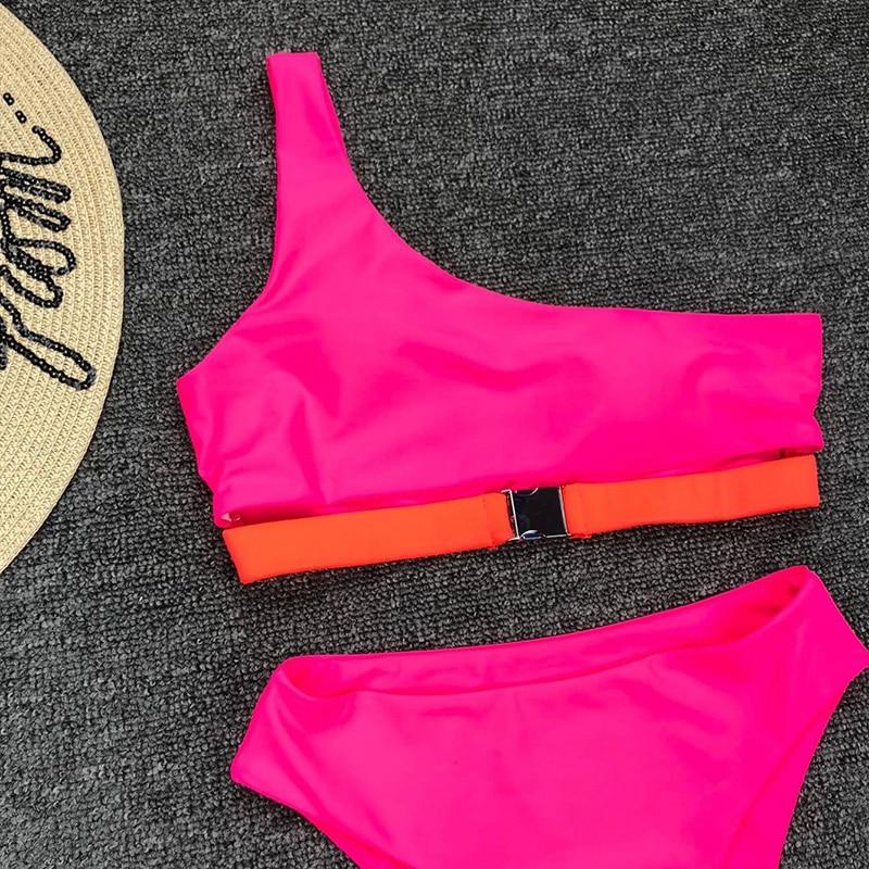 Hot Pink One Shoulder High Waist Bikini Swimsuit Swimwear