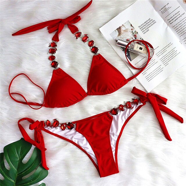 Bikini Sexy push up Crystal swimsuit female Halter swimwear Knot