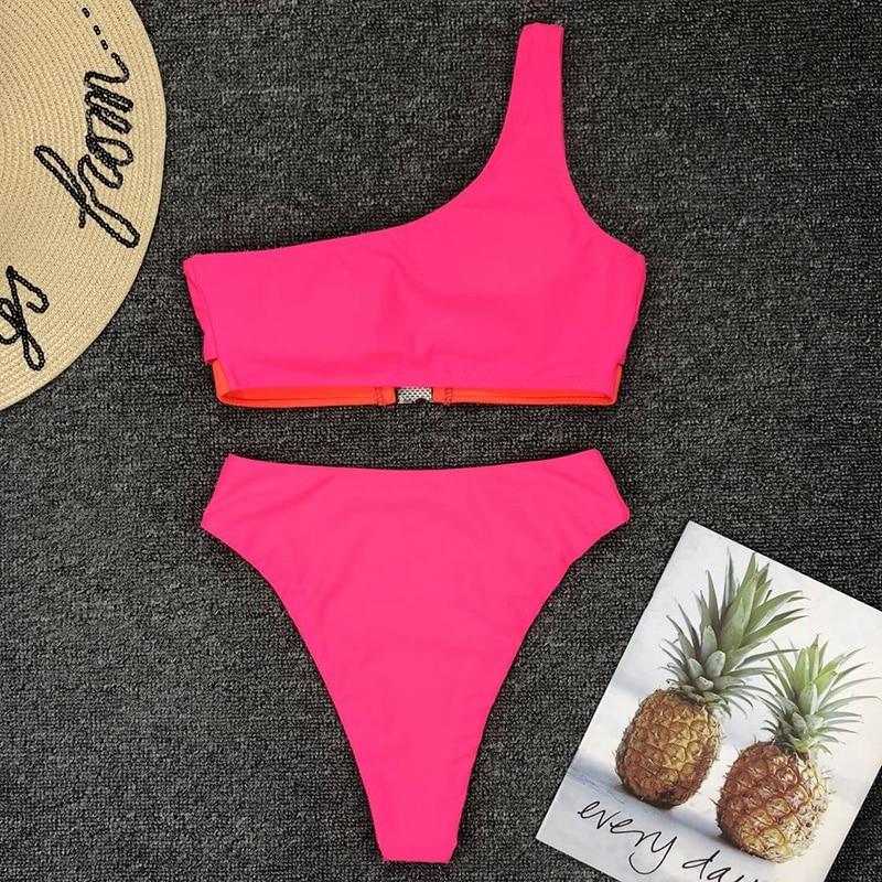 Hot Pink One Shoulder High Waist Bikini Swimsuit Swimwear