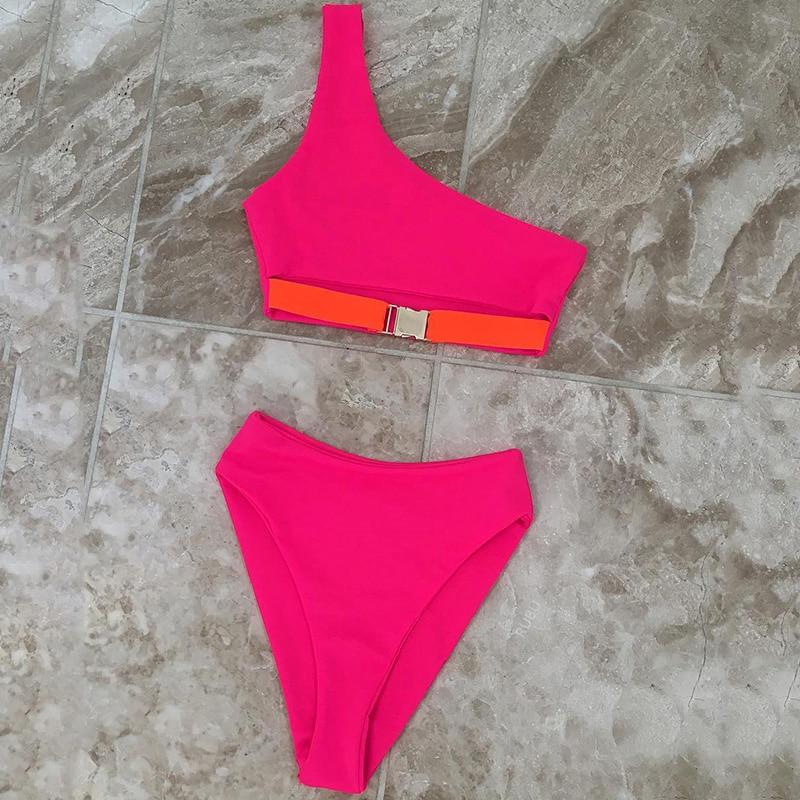 Hot Pink One Shoulder High Waist Bikini Swimsuit Swimwear